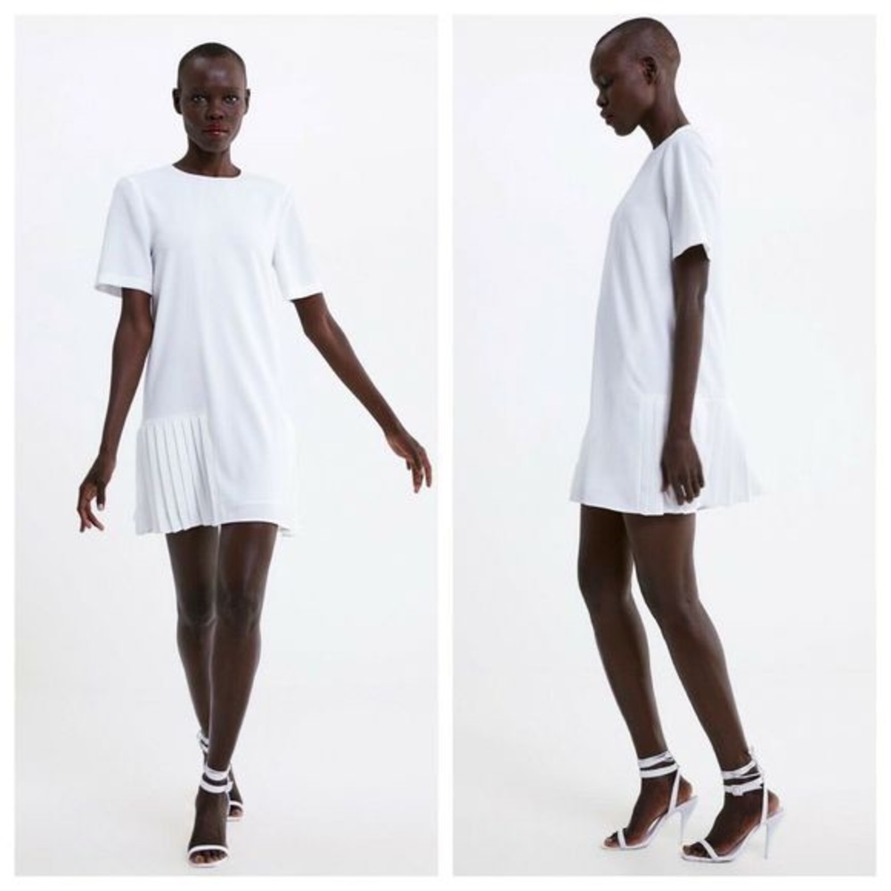 Zara White Solid Pleated Short Swing Mini Dress M